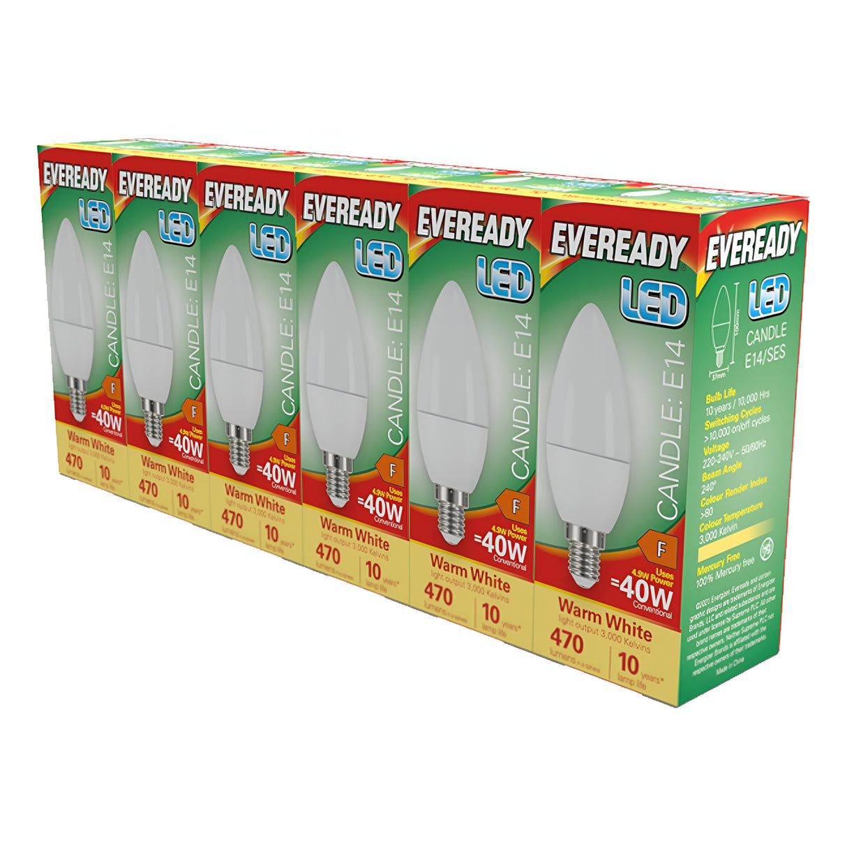 A boxed set of six Eveready 4.9W Non-Dimmable LED Candle Bulbs with E14 screw caps, each offering the brightness of a 40W bulb and providing warm white light at 470 lumens, is presented in green packaging that features product details and images of the bulbs.