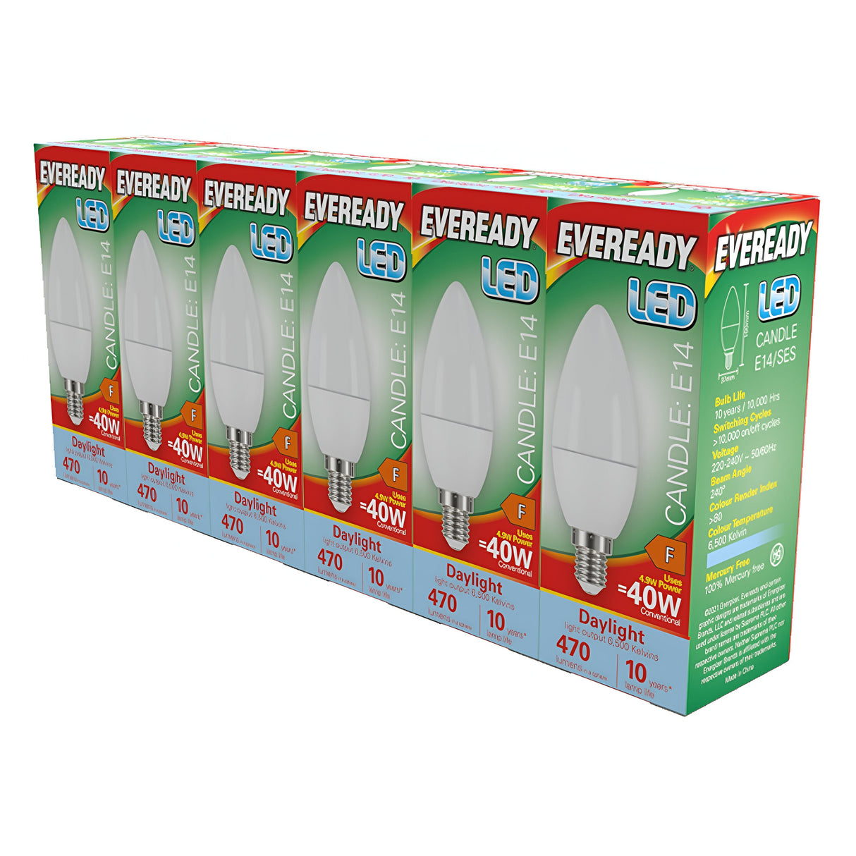 Image of a six-pack of Eveready LED candle light bulbs with E14 fittings. Each box features an energy-efficient bulb labeled 4.9W, offering Daylight at 6500K and ideal for sustainable lighting solutions.