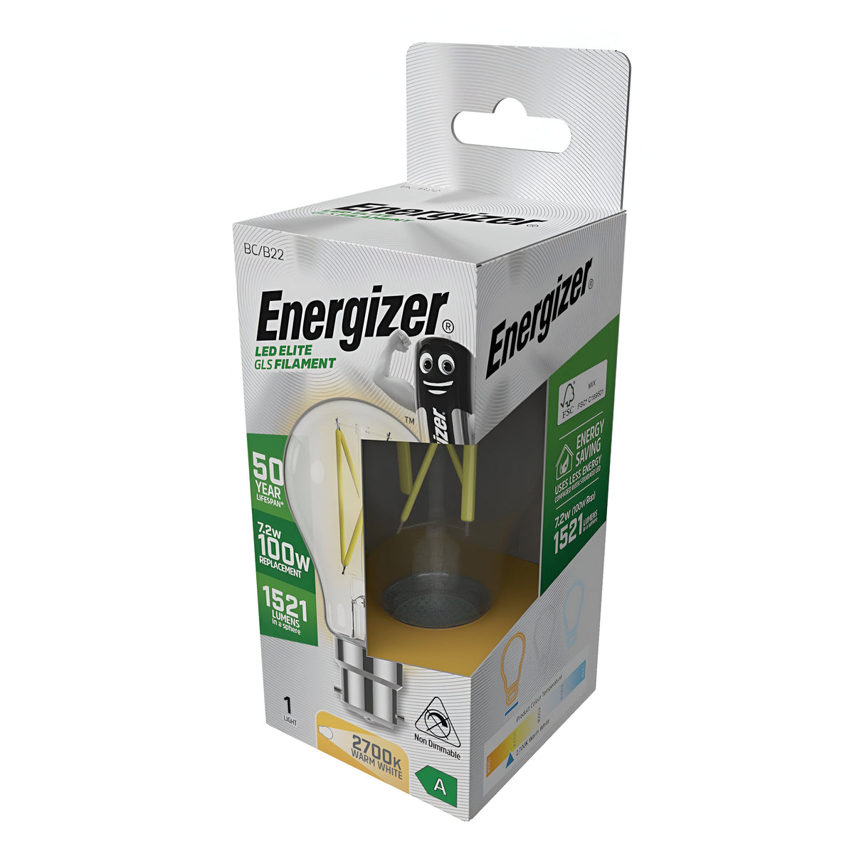 The packaging of the Energizer 7.2W Non-Dimmable LED GLS Filament Bulb - Warm White, B22, 2700K presents a cozy 2700K warm white light, comparable to a traditional 100W bulb, with an impressive lifespan of 15,000 hours. The box emphasizes energy efficiency details and includes an engaging cartoon battery character for additional charm.