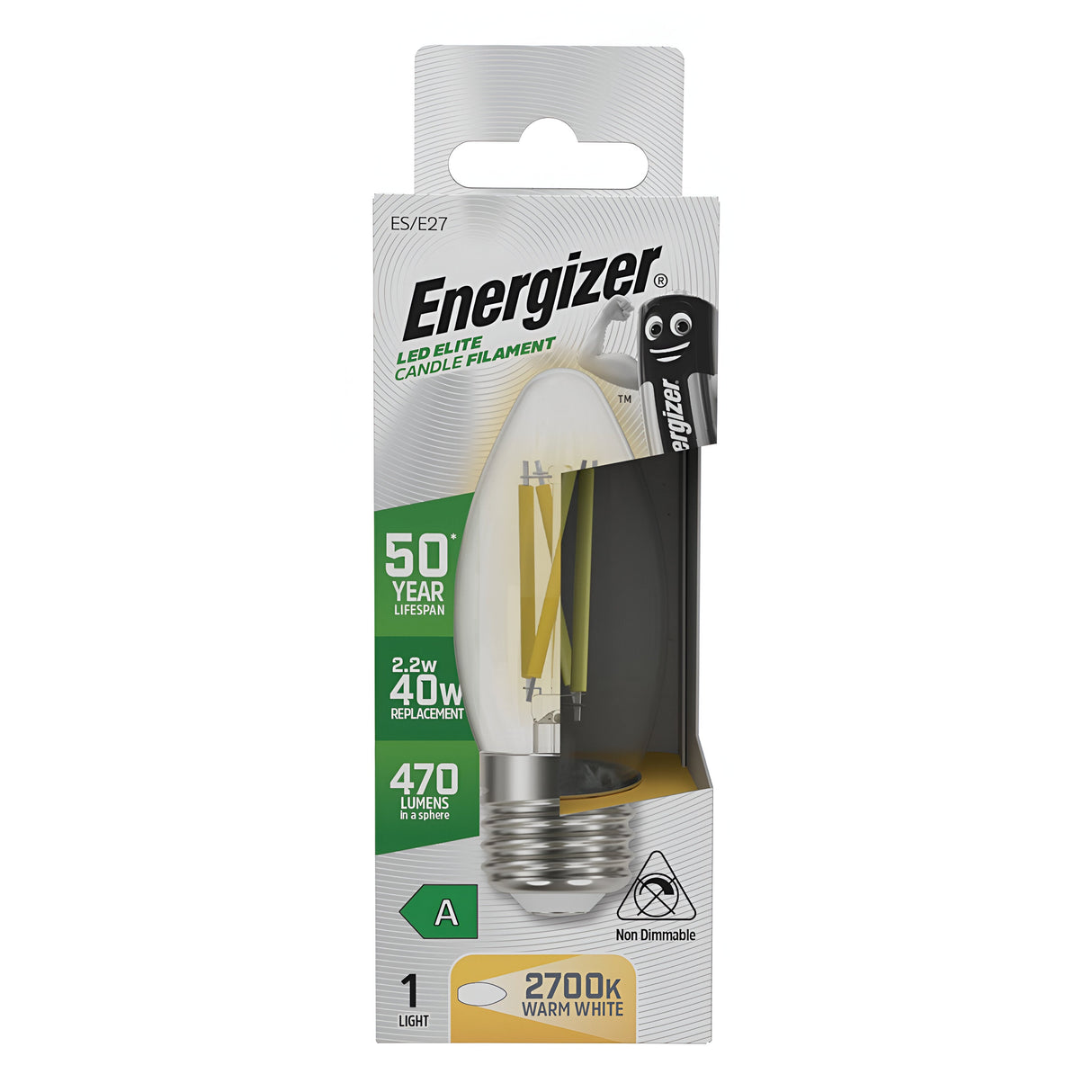 The packaging of the Energizer 2.2W Non-Dimmable LED Candle Filament Bulb - Warm White, E27, 2700K features a sleek design with an image of the bulb and emphasizes its 2.2W power as an equivalent to a 40W bulb. With a brightness of 470 lumens and warm white light at 2700K, it delivers outstanding energy efficiency with an A rating and boasts an impressive lifespan of up to 50 years.