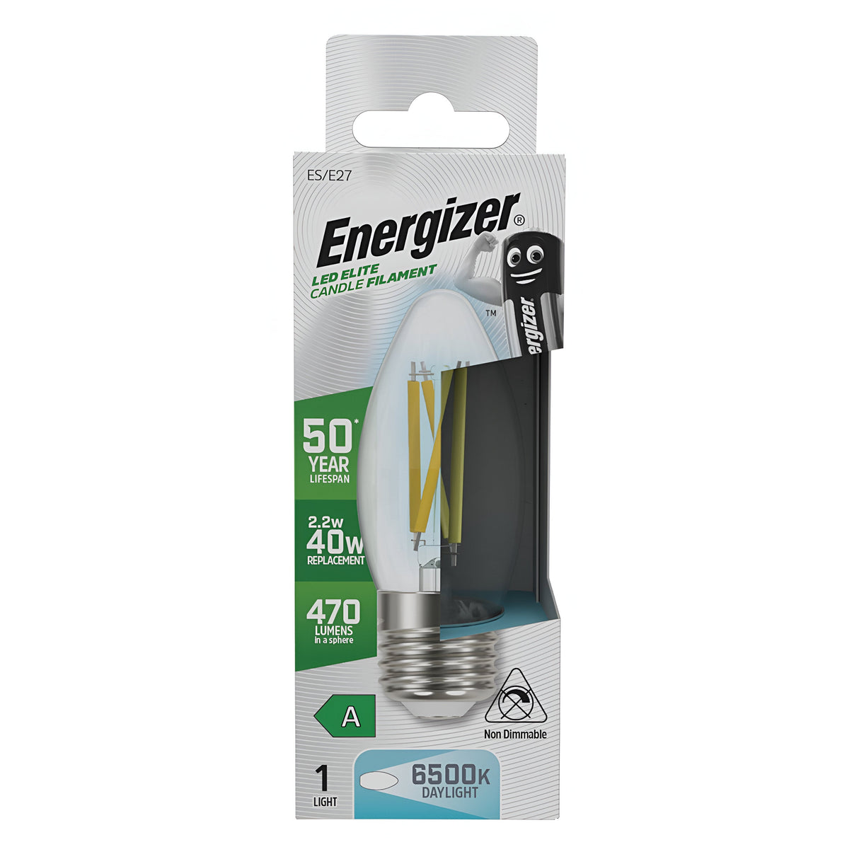 The Energizer 2.2W Non-Dimmable LED Candle Filament Bulb, featuring an E27 base and a stunning 6500K daylight glow, offers energy efficiency combined with a 50-year lifespan. With an output of 470 lumens and designed as an equivalent to a traditional 40W bulb, it provides consistent lighting while its vintage-inspired look suits any setting.