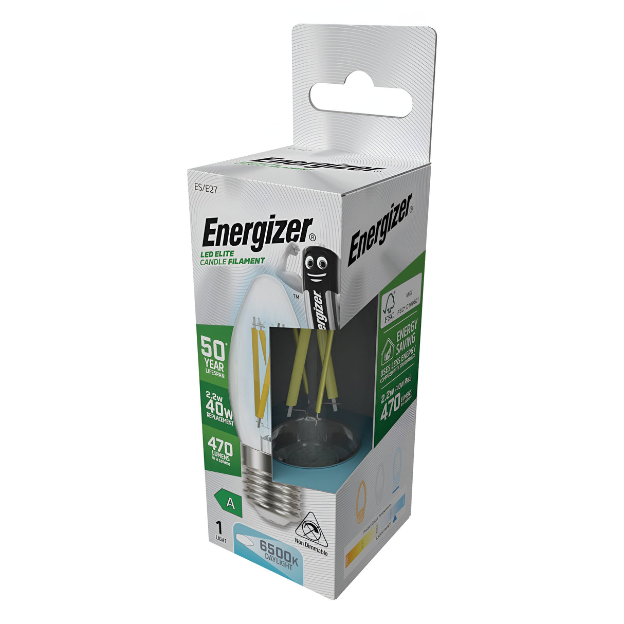 Image of an Energizer 2.2W Non-Dimmable LED Candle Filament Bulb package, emphasizing its energy efficiency and vintage-inspired aesthetics. The packaging highlights a 50-year lifespan, equivalent to 40W, with 470 lumens and a color temperature of 6500K. The box is predominantly white with green accents.