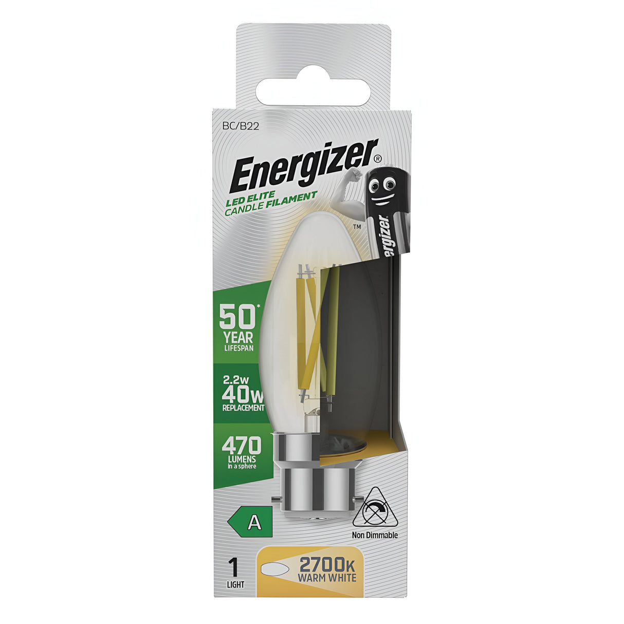 The packaging of the Energizer 2.2W Non-Dimmable LED Candle Filament Bulb highlights its energy efficiency, equating to a traditional 40W bulb. It emits a warm white glow at 470 lumens with a color temperature of 2700K and features an impressive A energy rating alongside an extraordinary lifespan of up to 50 years.