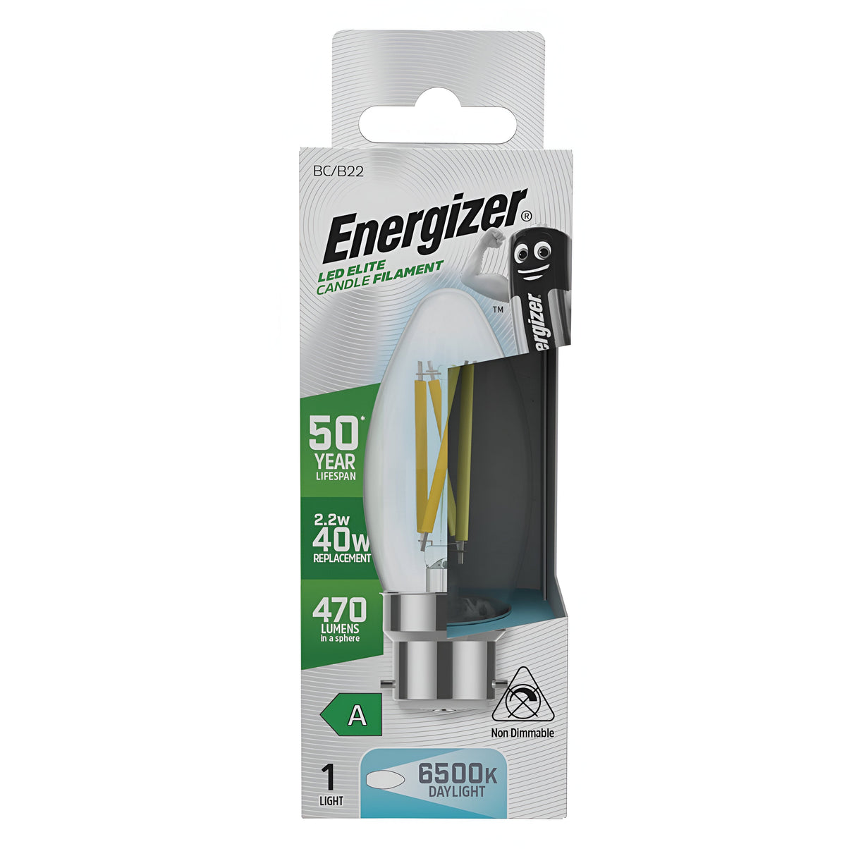 The packaging for the Energizer 2.2W Non-Dimmable LED Candle Filament Bulb - Daylight, B22, 6500K features a vintage design and offers energy-efficient lighting equivalent to 40W. It produces 470 lumens at a cool daylight color of 6500K, with a lifespan of up to 50 years. The bulb has an efficiency rating of A, and includes a character icon on the top right corner.