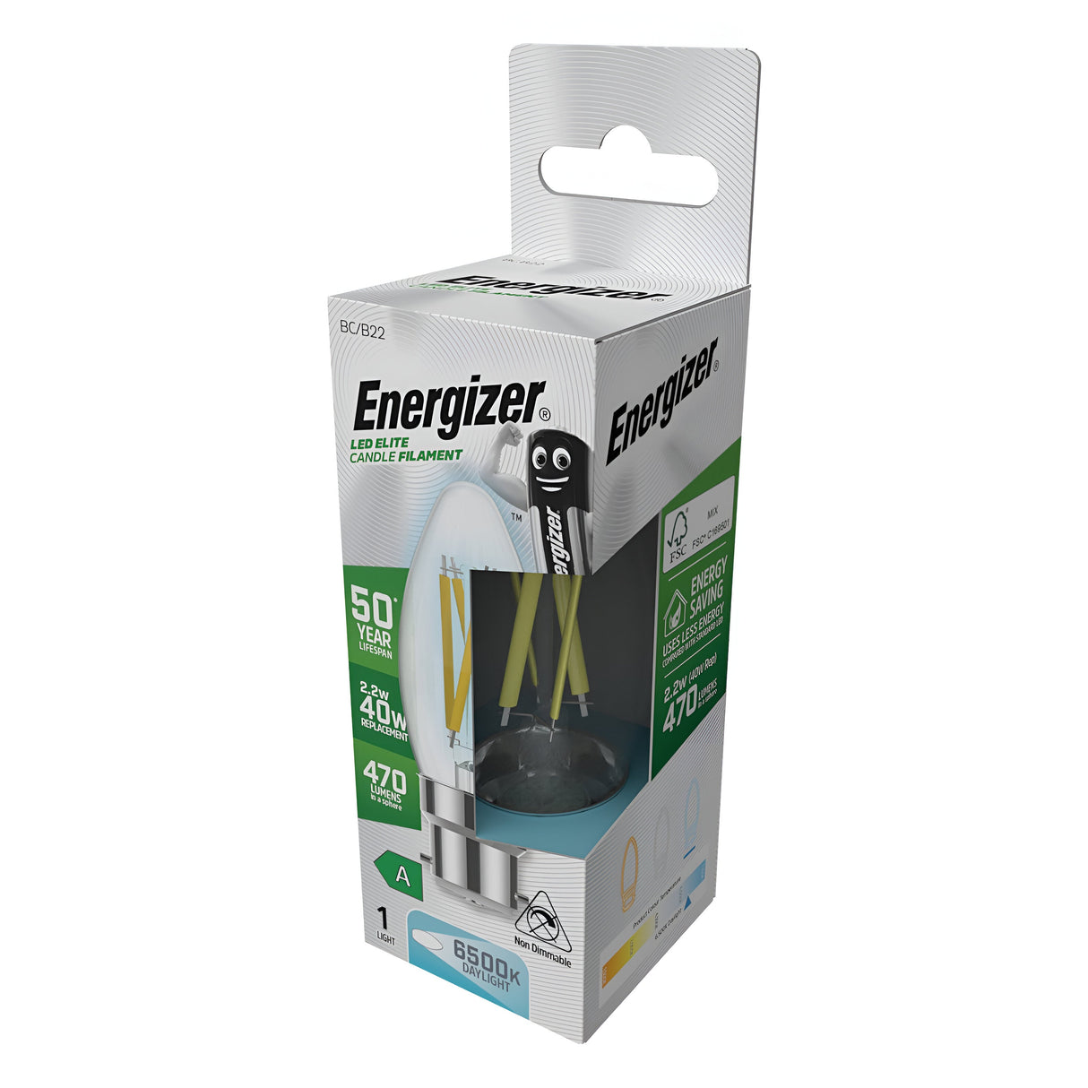 The Energizer 2.2W Non-Dimmable LED Candle Filament Bulb - Daylight, B22, 6500K comes packaged in a vintage design box that is mainly white with green accents, showcasing the energy-efficient bulb inside. The packaging highlights its specifications of replacing a 40W bulb by delivering 470 lumens and lasting up to 50 years. It includes an image of the bulb alongside the Energizer logo.