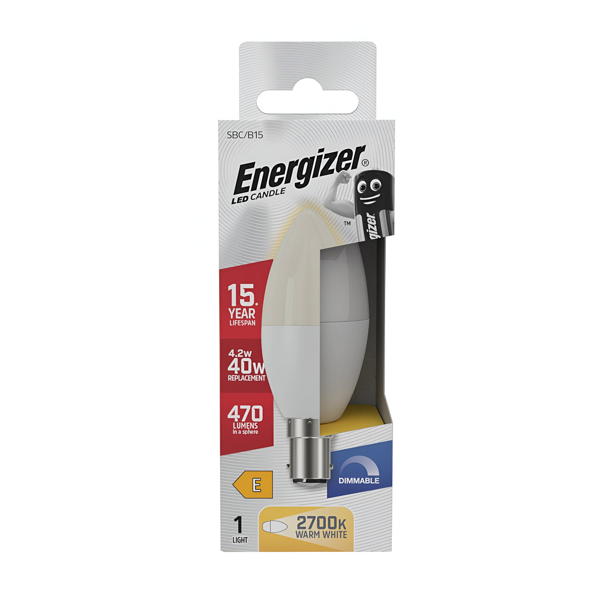 Packaging for the Energizer 4.2W Dimmable LED Candle Bulb, B15, offering 2700K warm white light and equivalent brightness to a traditional 40W incandescent bulb. The box emphasizes its energy efficiency, dimmable feature, and remarkable 15-year lifespan.