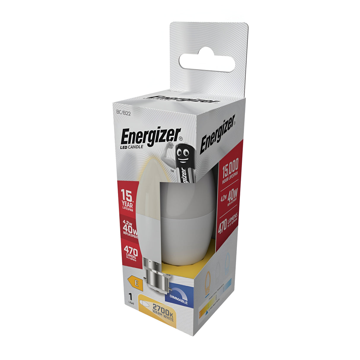 The packaging of the Energizer 4.2W Dimmable LED Candle Bulb Opal in Warm White, B22 showcases its energy-efficient 15,000-hour lifespan. It has a light output equivalent to a 40W bulb with 470 lumens and emits a warm glow at 2700K. The box includes an image of the dimmable bulb and features a handle for easy carrying.