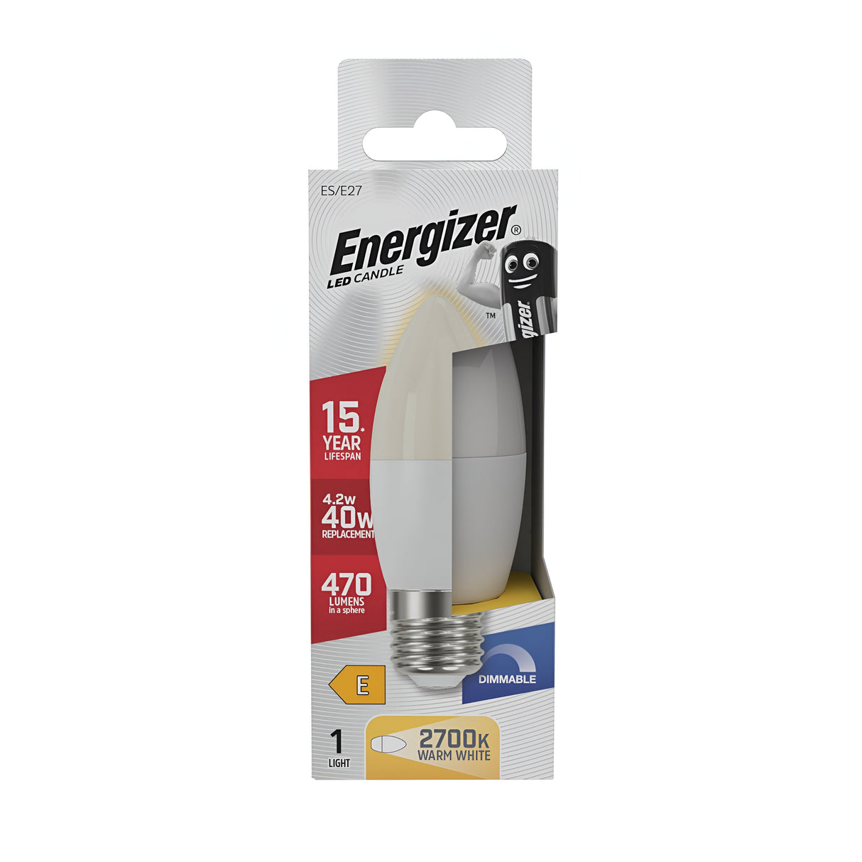 Displayed is the packaging for the Energizer 4.2W Dimmable LED Candle Bulb, featuring its impressive 15-year lifespan, dimmable capabilities, and a bright output of 470 lumens in a warm white light of 2700K. With an E27 base, it delivers equivalent brightness to a traditional 40W incandescent bulb.