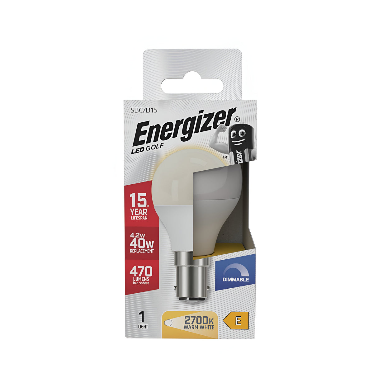 The Energizer 4.2W Dimmable LED Golf Ball Bulb in Warm White, B15, with a 2700K color temperature, is notable for its energy-efficient design. The packaging showcases a 4.2w bulb that replaces a 40w bulb, providing 470 lumens and boasting an impressive lifespan of up to 15 years, along with an illustration highlighting its efficiency.