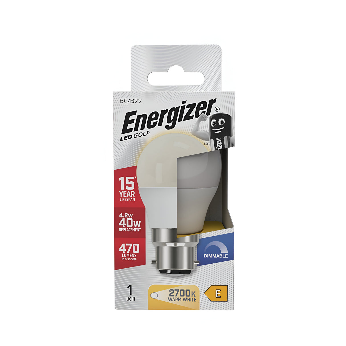 The packaging for the Energizer 4.9W Dimmable LED Golf Ball Bulb in warm white (2700K) highlights its energy-efficient design and notable features, such as a 15-year lifespan, acting as a 40W replacement with a power consumption of 4.9W, delivering 470 lumens of brightness. It also emphasizes the bulb's dimmable capabilities and its energy efficiency rating of E.