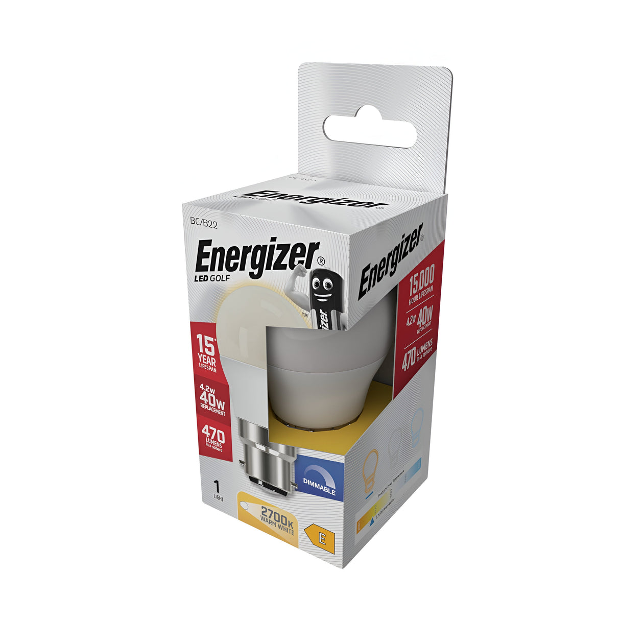 Image of an Energizer 4.9W Dimmable LED Golf Ball Bulb in its packaging. The box features energy-efficient technology, a 15-year lifespan, equivalent brightness to a 40W bulb, 470 lumens output, and emits a warm white light at 2700K. Packaging showcases the Energizer branding and product specifications.