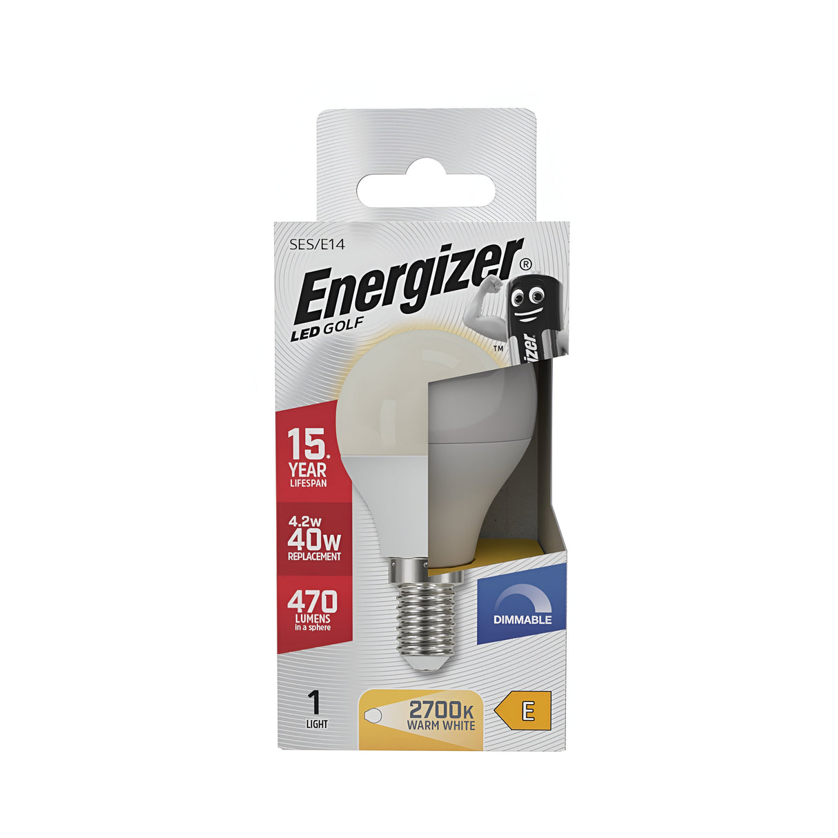 The image displays the packaging for an Energizer 4.2W Dimmable LED Golf Ball Bulb, which highlights its energy-efficient design and a lifespan of 15 years. It is designed to replace a traditional 40W bulb while using only 4.2W, emitting 470 lumens of dimmable warm white light at 2700K. The box prominently features an illustration of the light bulb alongside the iconic Energizer figure.