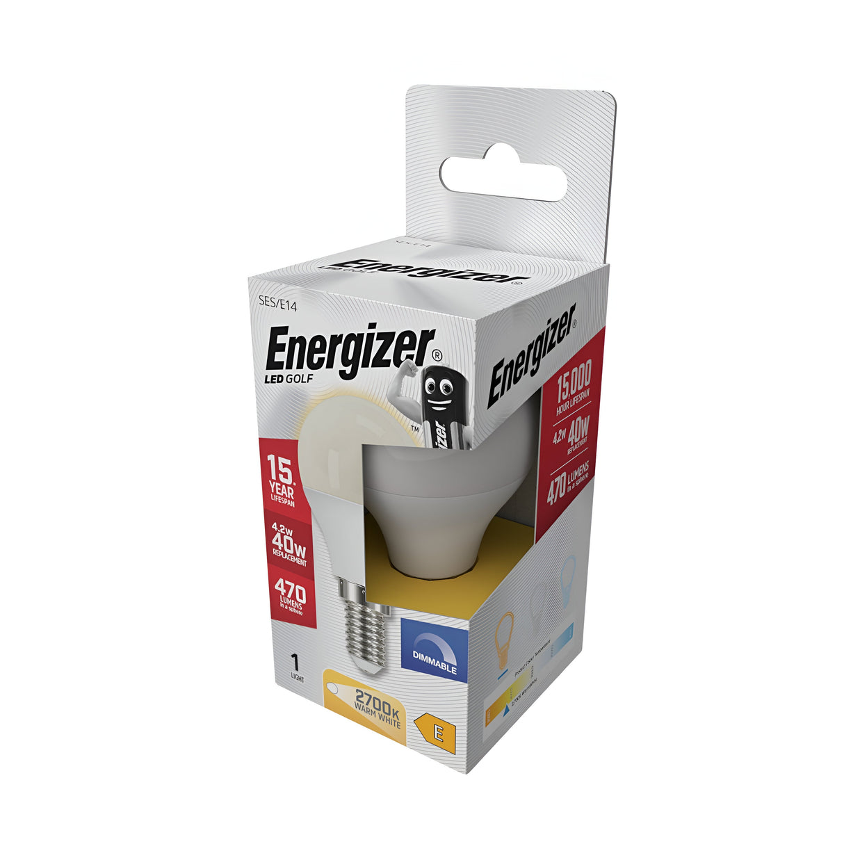 Image of an Energizer 4.2W Dimmable LED Golf Ball Bulb in its packaging. The box emphasizes energy-efficient lighting features such as a 15-year lifespan, equivalent brightness to a 40W bulb, 470 lumens, and dimmable functionality. The packaging is predominantly white with red and yellow accents.