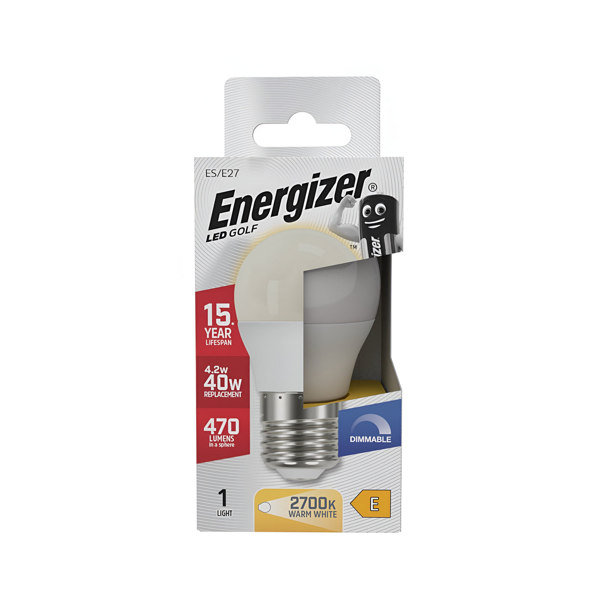 The Energizer 4.2W Dimmable LED Golf Ball Bulb in warm white (E27, 2700K) boasts energy efficiency with a brightness of 470 lumens, replacing a traditional 40W bulb while lasting up to 15 years. Its partially open, colorful packaging showcases the bulb's sleek design.