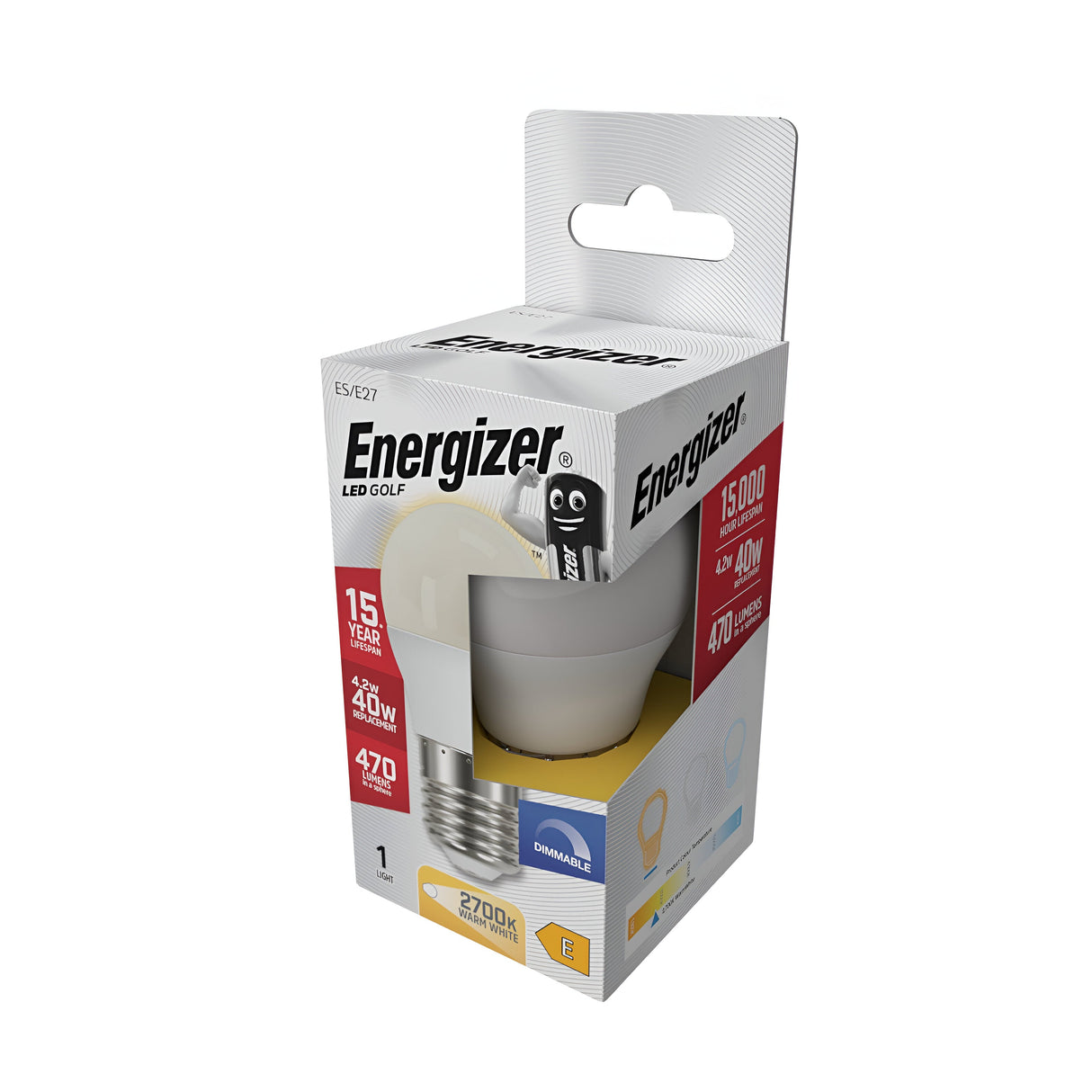 Meet the Energizer 4.2W Dimmable LED Golf Ball Bulb, Warm White, E27, 2700K. This energy-efficient bulb provides a 40W equivalent output with a brightness of 470 lumens and an impressive 15-year lifespan. Its packaging is adorned with a charming bulb character and lively illustrations showcasing its light output performance.