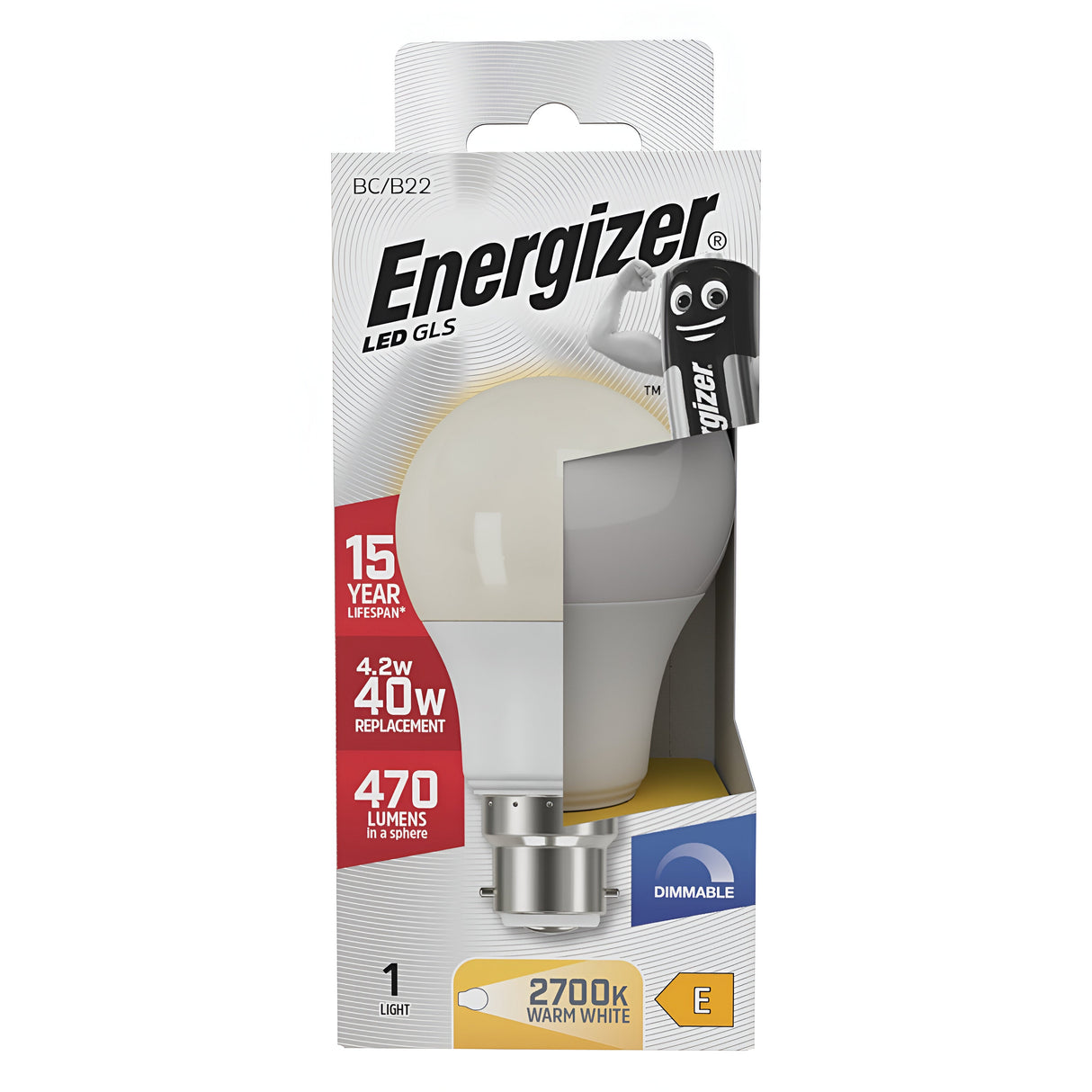 The image displays an Energizer 4.2W Dimmable LED GLS light bulb in its packaging, emphasizing features such as a 15-year lifespan, replacing a 40W bulb, offering 470 lumens of brightness, and providing a warm white light at 2700K with a BC/B22 fitting.