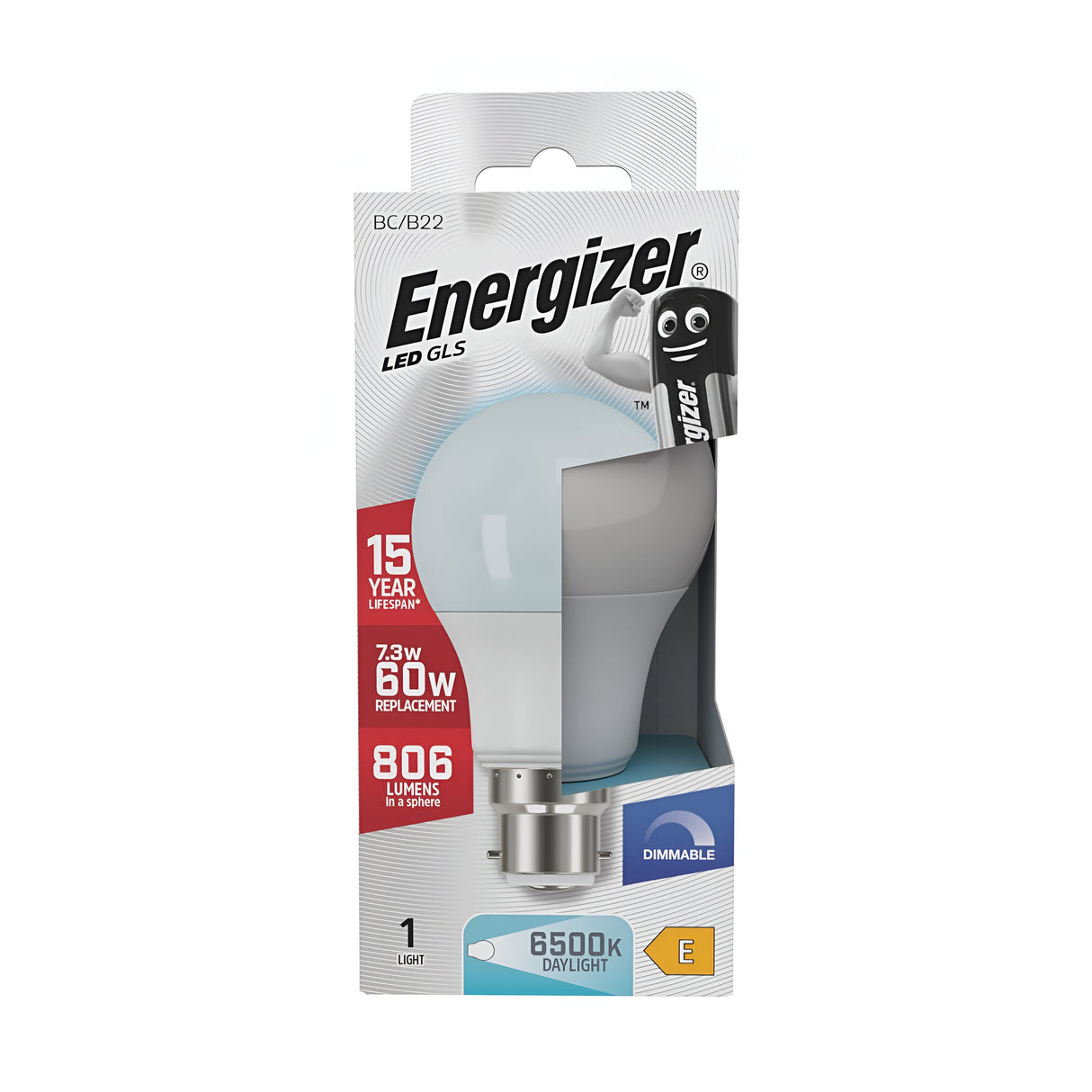 Image of an Energizer 7.3W Dimmable LED GLS Bulb in its packaging. The packaging highlights features such as a 15-year lifespan, 806 lumens, dimmable function, and a daylight color temperature of 6500K. It's the ideal choice with performance equivalent to a 60W bulb.