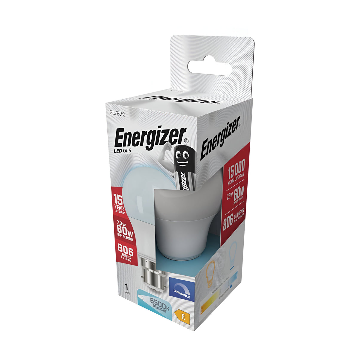 A box of Energizer 7.3W Dimmable LED GLS Bulb, with a power equivalent to 60W, offers daylight at 2700K and provides bright illumination. The packaging showcases the bulb's features, including a lifespan of 15,000 hours and energy-saving benefits.