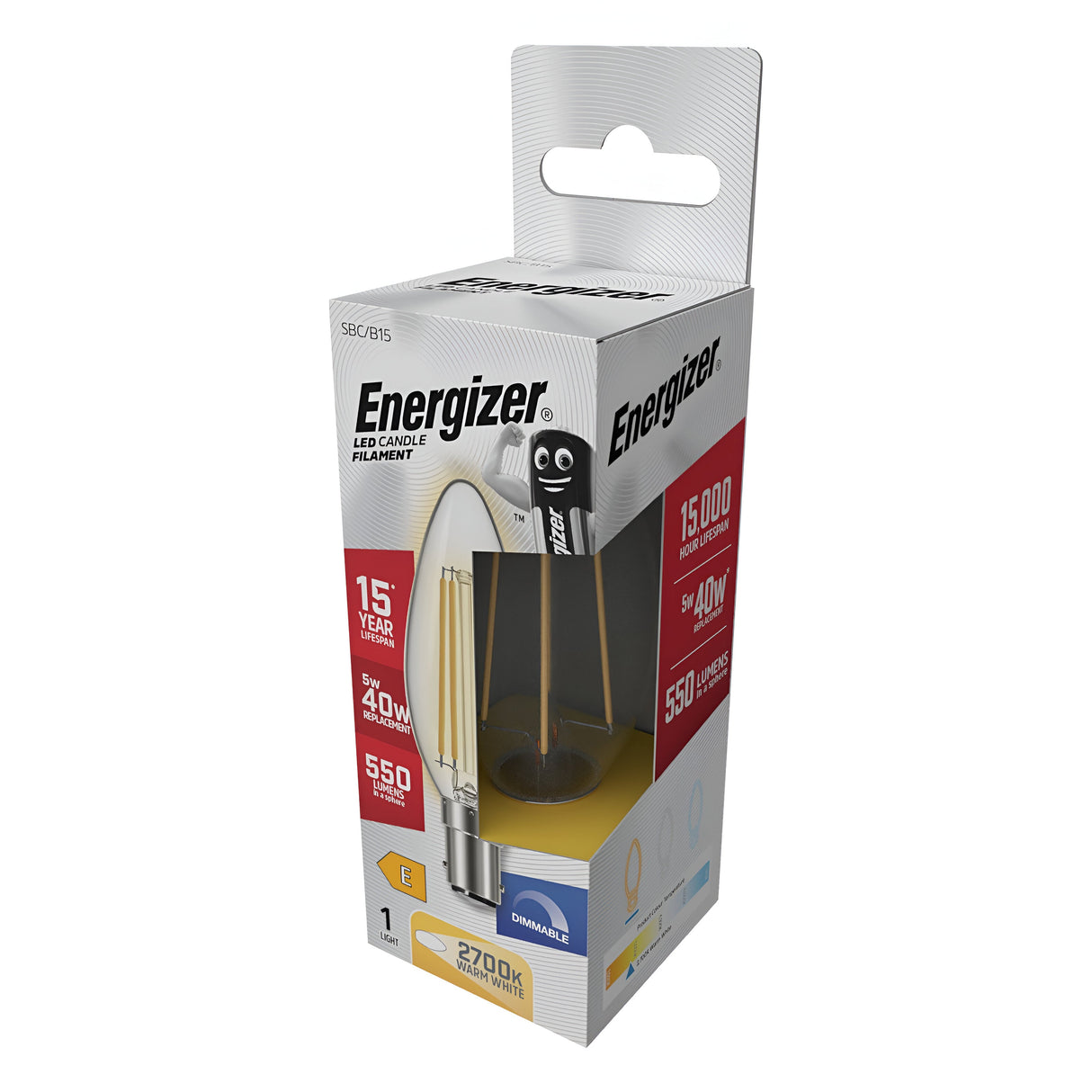 The Energizer 5W Dimmable LED Candle Filament Bulb, featuring a warm white 2700K light and a B15 base, is packaged in a sleek white box accented with red. It highlights key features such as 550 lumens of brightness, a lifespan of 15,000 hours, and an Energy Class E rating while mimicking the appearance of a traditional candle bulb with its visible filaments.