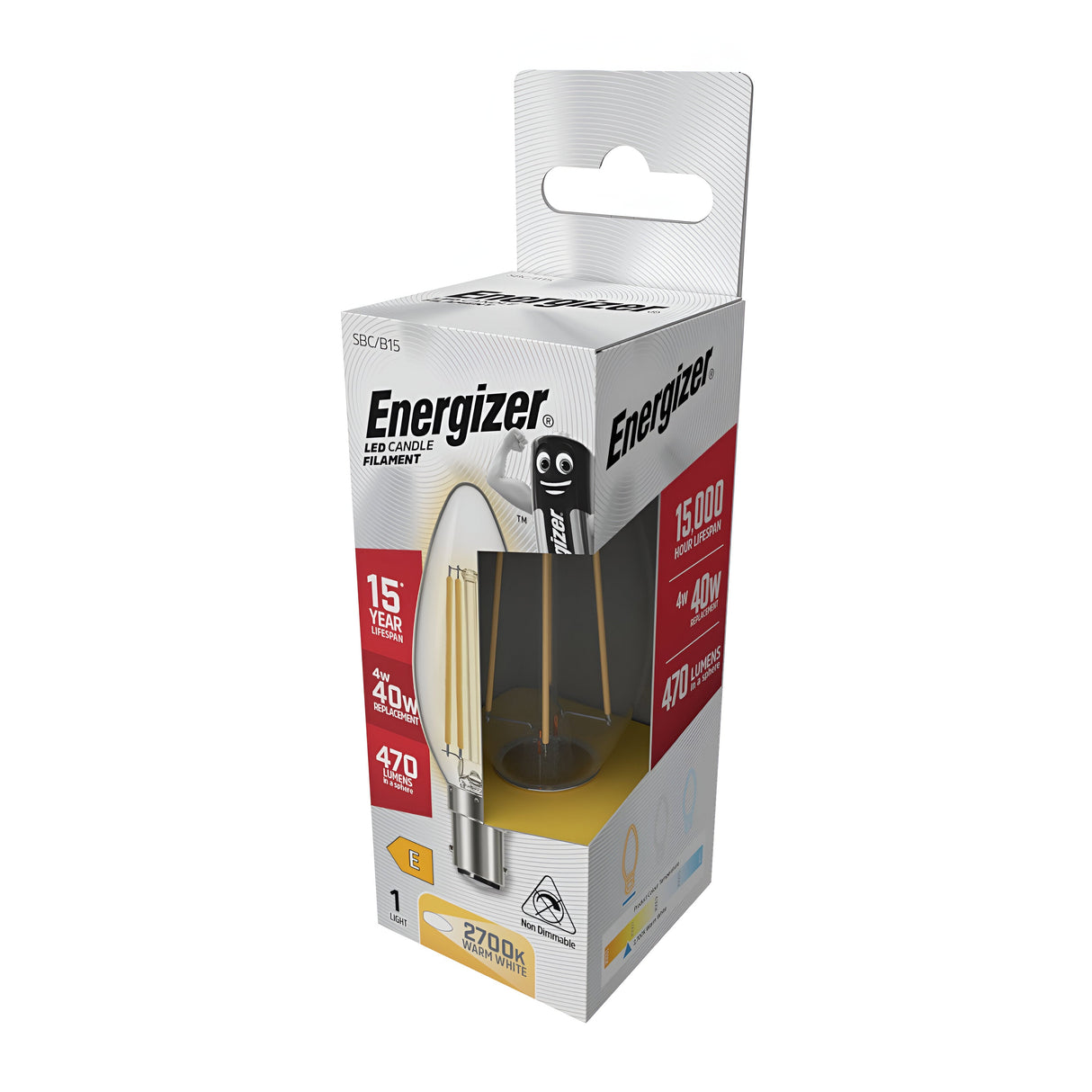 The predominantly white packaging with red accents for the Energizer 4W Non-Dimmable LED Candle Filament Bulb - Warm White, B15, 2700K spotlights its key features: a lifespan of 15,000 hours, energy efficiency with just 4.0W usage equivalent to a traditional 40W bulb, and it provides a warm white light output of 470 lumens with a cozy glow of 2700K.
