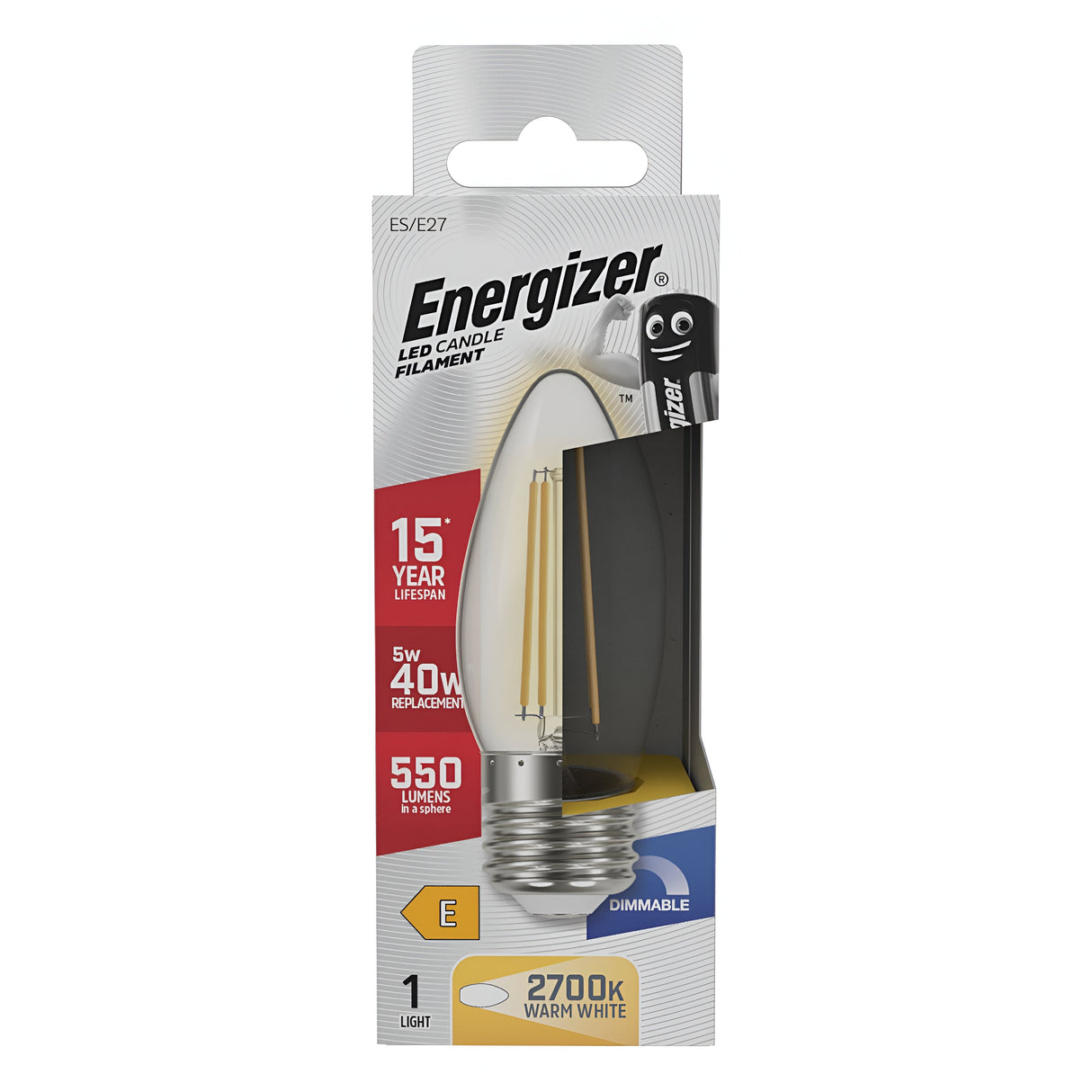 The Energizer 5W Non-Dimmable LED Candle Filament Bulb features an energy-efficient design that emits a warm white light at 2700K. It consumes only 5W to output 550 lumens, offering a lifespan of up to 15 years and serving as an equivalent replacement for a traditional 40W bulb while being classified under energy class E.