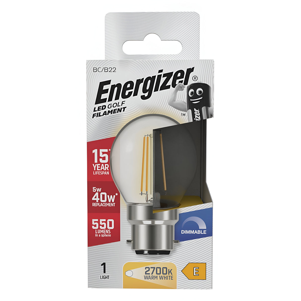 The packaging features the Energizer 5W Dimmable LED Golf Ball Filament Bulb - Warm White, B22, which boasts a 15-year lifespan and produces a luminous 550 lumens with only 5W of energy. It is a dimmable bulb that emits warm white light at a temperature of 2700K. The box prominently displays the bulb and key product information for easy reference.