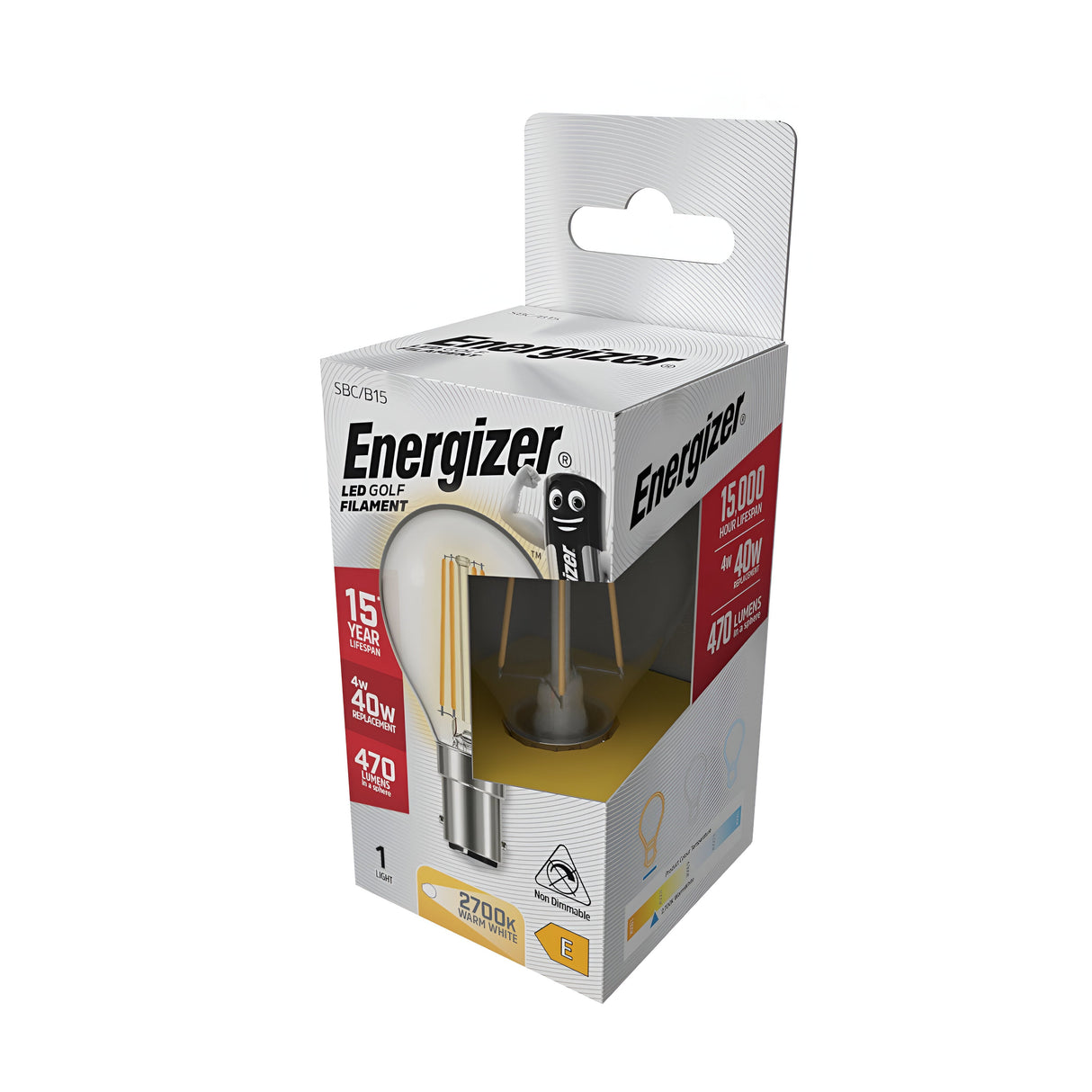 A box of Energizer 4W Non-Dimmable LED Golf Ball Filament Bulb in warm white features an energy-efficient design with a 15-year lifespan, equivalent to a 40W bulb, providing 470 lumens at 2700K. The packaging showcases the bulb inside and includes a hanging tab on top.