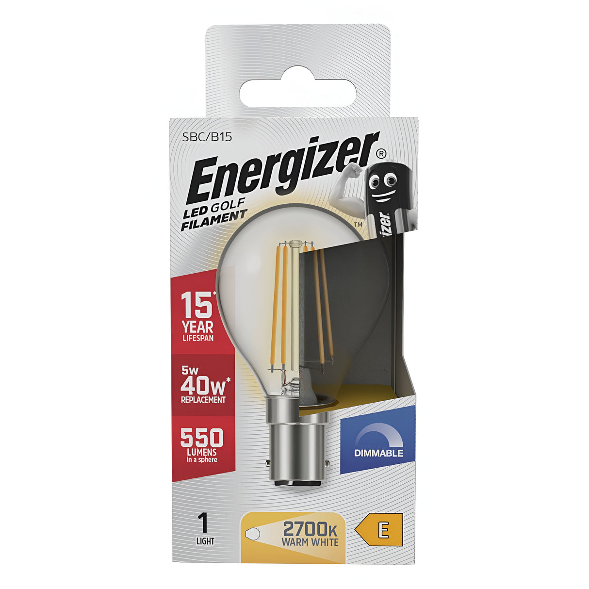 The packaging of the Energizer 5W Dimmable LED Golf Ball Filament Bulb showcases its energy-efficient lighting with a dimmable filament design. It provides warm white light at 2700K, delivering 550 lumens while consuming only 5 watts, and offers a lifespan of up to 15 years. This bulb is ideal for B15 fittings.
