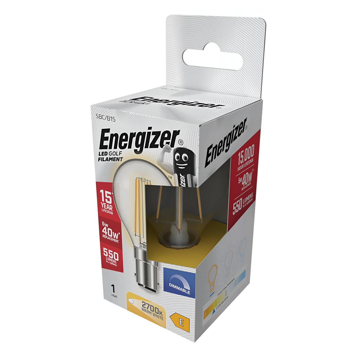 Image of an Energizer 5W Dimmable LED Golf Ball Filament Bulb in its packaging, highlighting its energy-efficient lighting features such as a 15-year lifespan, equivalent to a 40W incandescent bulb, 550 lumens output, dimmable capabilities, and a warm white color temperature of 2700K.