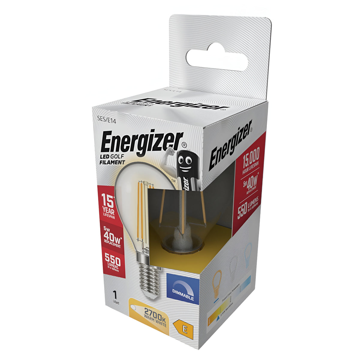 The packaging of the Energizer 5W Dimmable LED Golf Ball Filament Bulb - Warm White, E14, 2700K highlights its dimmable filament design and impressive 15,000-hour lifespan. It emits a cozy warm white light at 550 lumens, serving as an energy-efficient alternative to a 40W incandescent bulb.