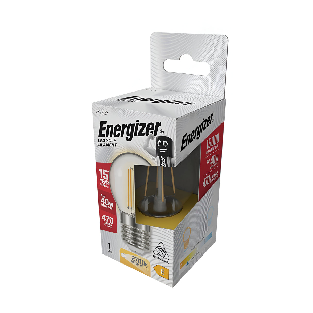 The packaging of the Energizer 5W Non-Dimmable LED Golf Ball Filament Bulb features its energy-efficient design, highlighting a long lifespan of 15,000 hours and delivering 470 lumens while being equivalent to a traditional 40W bulb. It emits a comfortable warm white light at 2700K. The box also artfully presents an illustration of the bulb with comprehensive specifications.