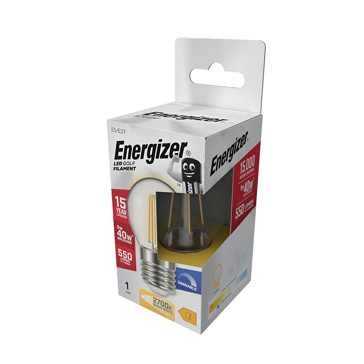 The box includes an Energizer 5W Dimmable LED Golf Ball Filament Bulb in Warm White, E27, 2700K, featuring a vintage-inspired design. It boasts a 15-year lifespan and offers an energy-efficient lighting option with 550 lumens, equivalent to a traditional 40W bulb. The packaging is primarily white with striking branding in black and red.