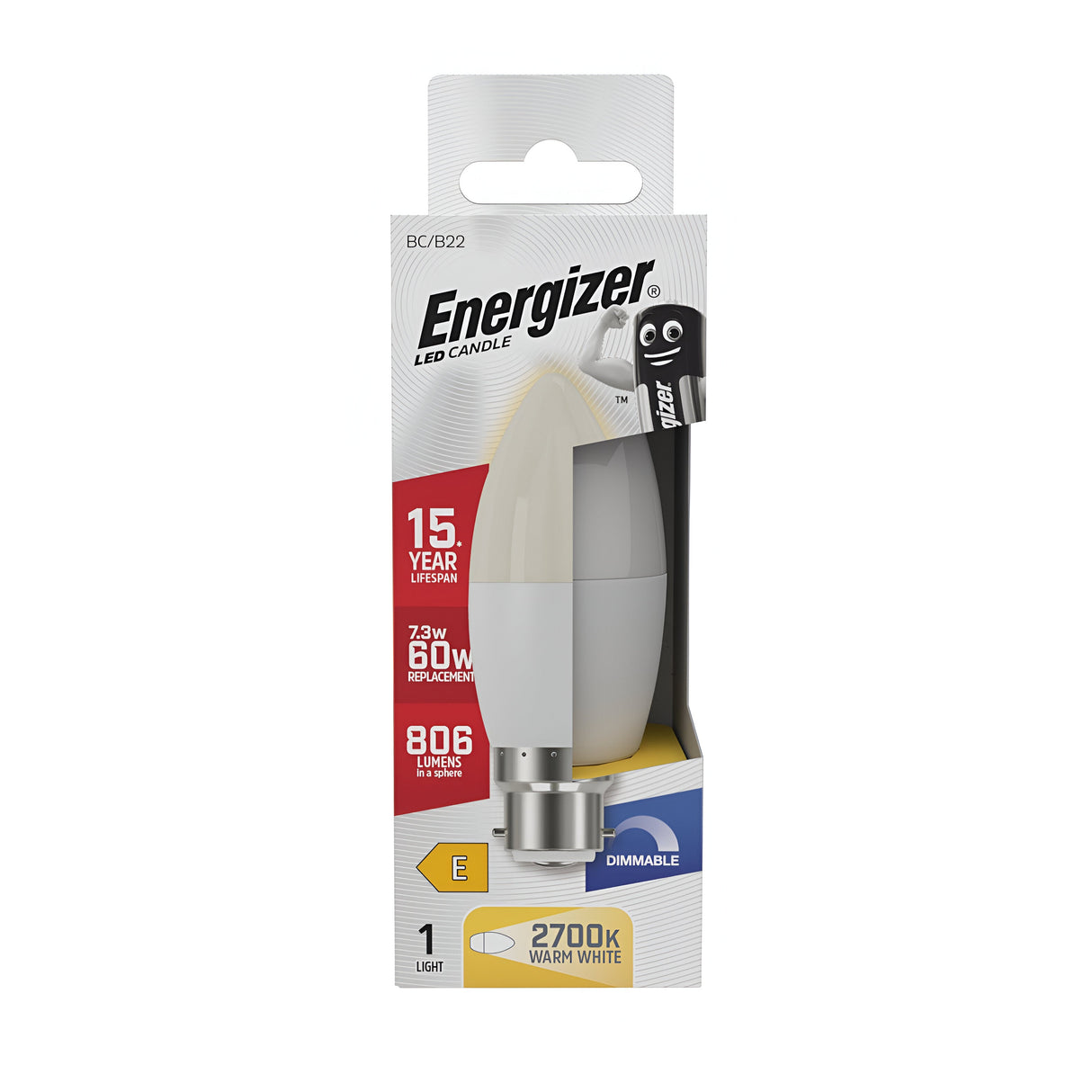 The Energizer 7.3W Dimmable LED Candle Bulb Opal provides energy-efficient lighting, emitting a warm white glow at 2700K. With a lifespan of up to 15 years and delivering 806 lumens, it offers the brightness equivalent to a traditional 60W bulb while consuming only 7.3W of power. Featuring a B22 base, it's an excellent choice for sustainable lighting solutions.