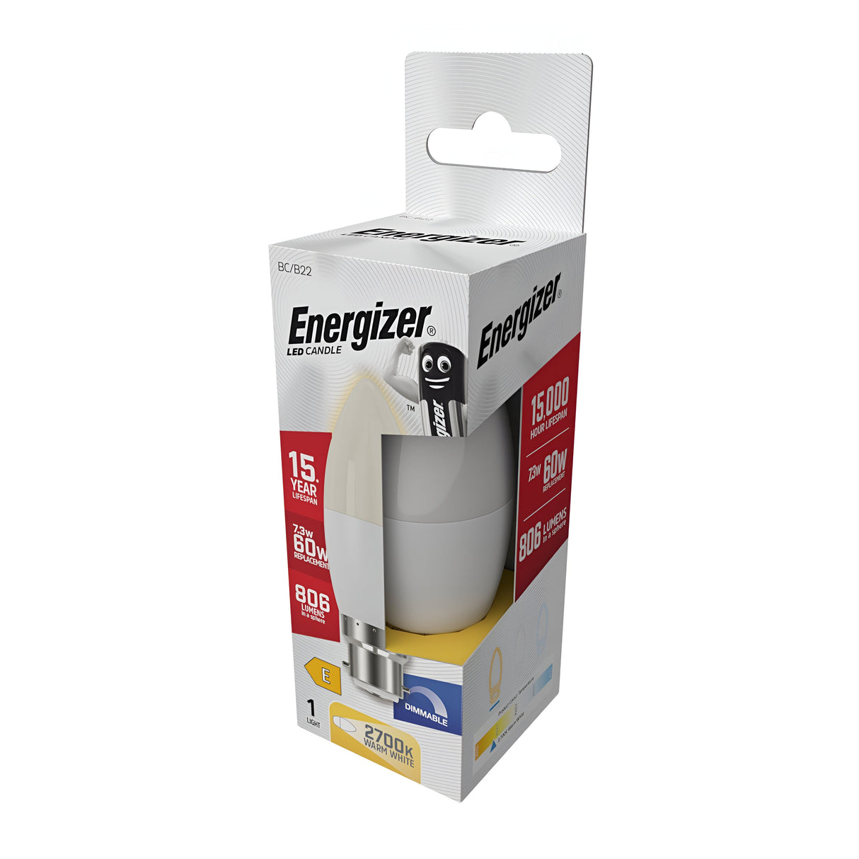Illuminate your space with the Energizer 7.3W Dimmable LED Candle Bulb, providing an energy-efficient lighting experience with a warm white 2700K glow and an impressive brightness of 806 lumens. Equivalent to a traditional 60W bulb, this opal-finished bulb boasts a remarkable lifespan of up to 15 years. Packaged with the iconic Energizer mascot and featuring a convenient handle, it perfectly combines practicality and style.