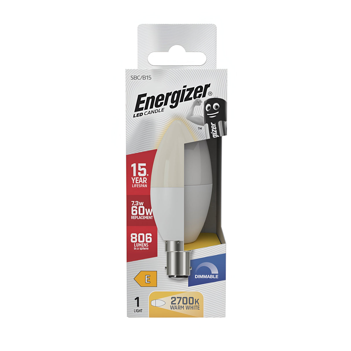 The packaging for the Energizer 7.3W Dimmable LED Candle Bulb - Warm White, B15, 2700K highlights its remarkable features, such as a B15 bayonet cap for easy installation, an impressive 15-year lifespan, energy-efficient performance equivalent to a traditional 60W bulb, and warm dimmable lighting at 806 lumens. The package includes one bulb.