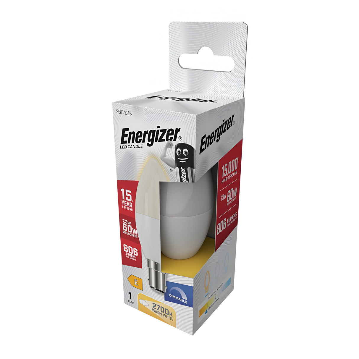 The packaging of the Energizer 7.3W Dimmable LED Candle Bulb, equipped with a B15 bayonet cap, highlights its extended 15-year lifespan and brightness of 806 lumens, matching that of a traditional 60W bulb. The box features the beloved Energizer mascot and emphasizes the bulb's warm white light at 2700K.