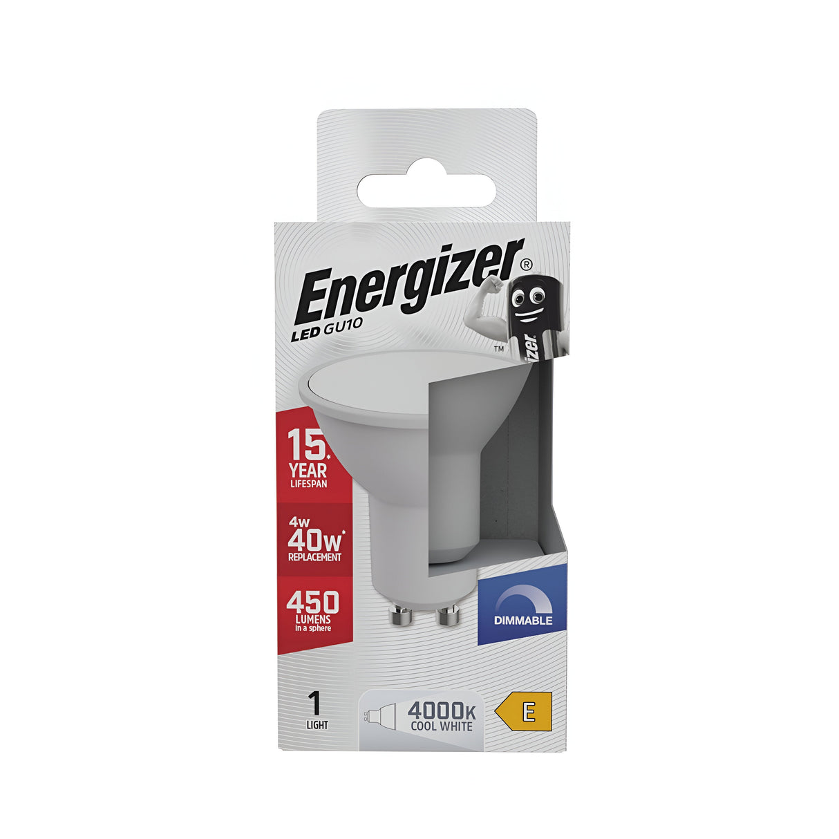 The packaging of the Energizer 4W GU10 Dimmable LED Bulb - Cool White, 4000K emphasizes its dimmable capability and energy-efficient design. This bulb, with a lifespan of 15 years, uses 4 watts of power while replacing a conventional 40W bulb, producing 450 lumens and cool white light at 4000K. It has an energy efficiency rating of E.