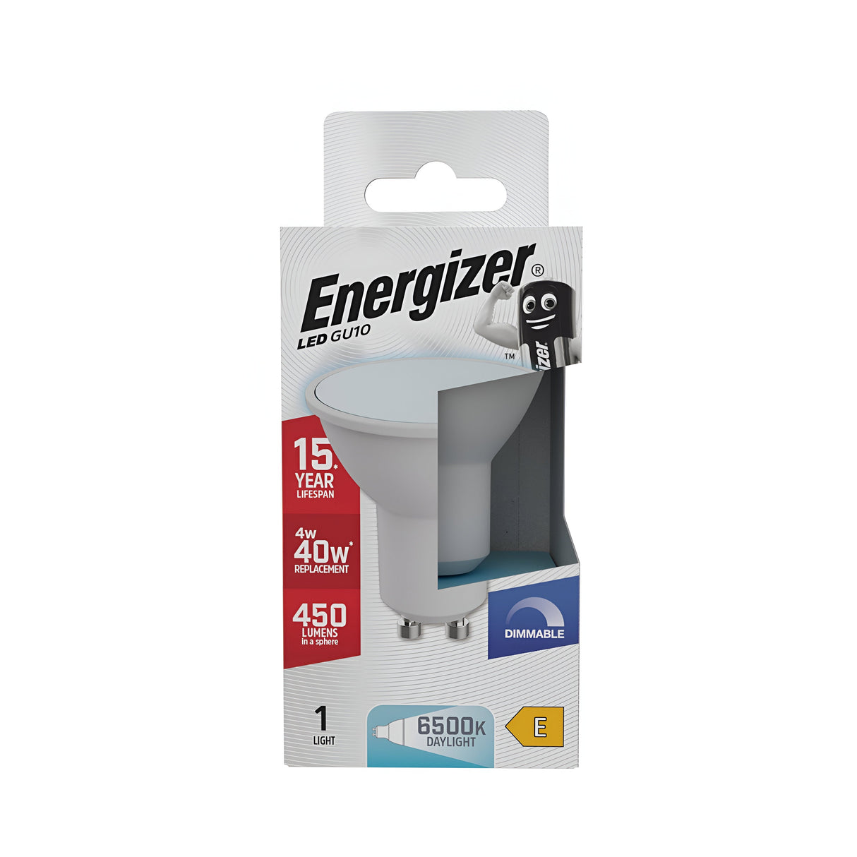 Photograph of the Energizer 4W GU10 Dimmable LED Bulb in its packaging. The box emphasizes features like energy efficiency, a lifespan of 15 years, power consumption of 4W as an equivalent to a 40W bulb, brightness of 450 lumens, and a daylight color temperature of 6500K.