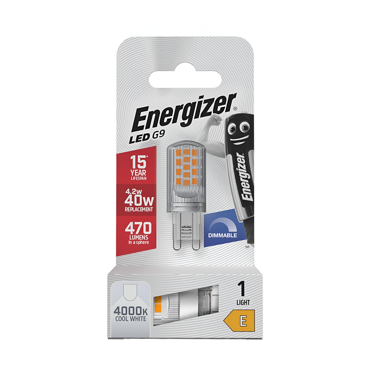 Explore the Energizer 4.2W G9 Dimmable LED Capsule Bulb, offering a remarkable 15-year lifespan and a luminance of 470 lumens with power equivalent to 40W. Enjoy customizable lighting with its dimmable feature and cool white illumination at 4000K, all presented beside the classic Energizer mascot image.