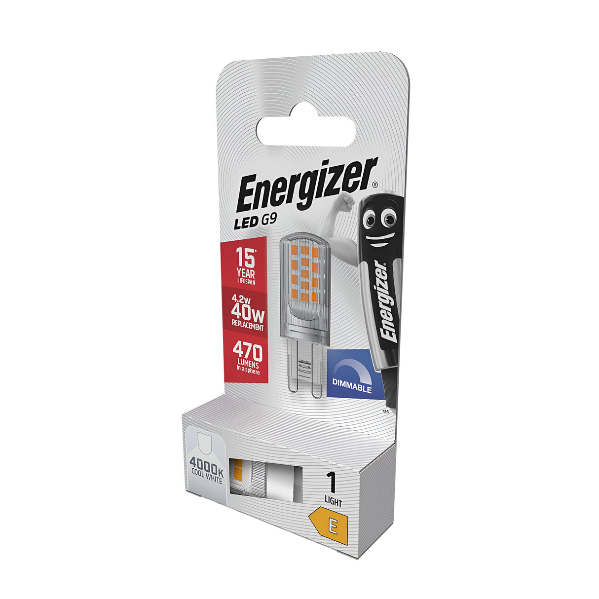 The Energizer 4.2W G9 Dimmable LED Capsule Bulb - Cool White, 4000K packaging highlights its impressive features, including a remarkable 15-year lifespan, energy-efficient 4.2W power equating to a traditional 40W halogen output, an impressive brightness of 470 lumens, the ability to dim for optimal ambiance, and sharp cool white illumination at 4000K.