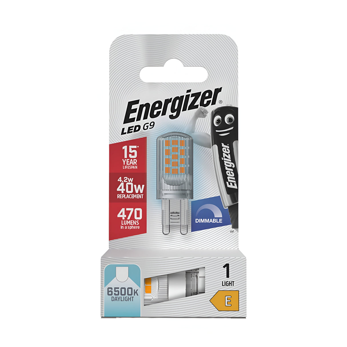 Packaging of the Energizer 4.2W G9 Dimmable LED Capsule Bulb - Daylight, 6500K, designed for energy savings and boasting a 15-year lifespan. This bulb replaces a traditional 40W bulb and provides 470 lumens of daylight at 6500K. The package includes a cutout showcasing the LED G9 Bulb and features a cartoon battery character on the side.