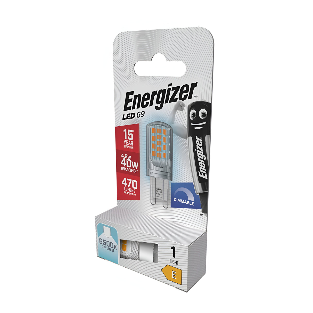 The packaging for the Energizer 4.2W G9 Dimmable LED Capsule Bulb highlights its energy efficiency with a crisp daylight color of 6500K, producing 470 lumens and offering a dimmable feature equivalent to a traditional 40W bulb. The box proudly mentions an impressive lifespan of up to 15 years and includes an image of the bulb next to the iconic Energizer mascot.