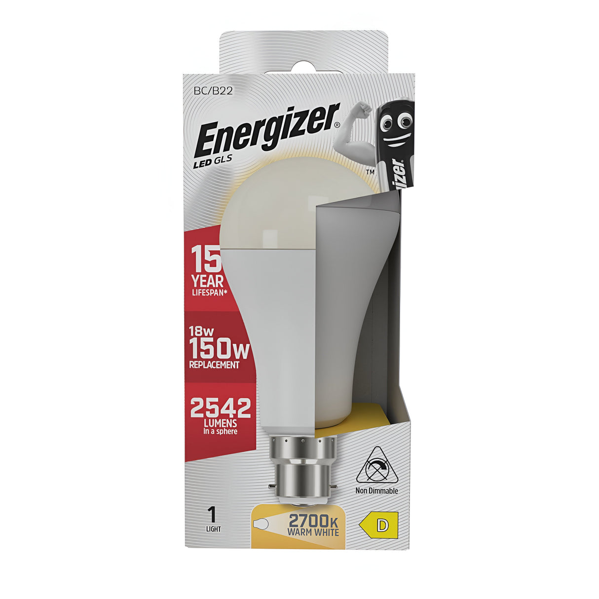 The packaging for the Energizer 18W Non-Dimmable LED GLS Bulb - Daylight, B22, 2700K highlights its energy-efficient lighting with a 15-year lifespan, replacing a 150W bulb with only 18W to produce 2542 lumens of warm white light at 2700K. The box is adorned with a cartoon battery mascot and displays a yellow energy label rated D.