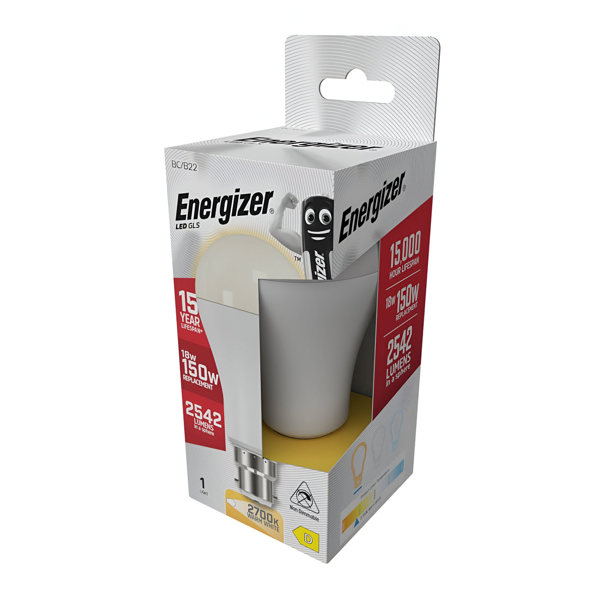The packaging for the Energizer 18W Non-Dimmable LED GLS Bulb - Daylight, B22, 2700K highlights its energy efficiency with a lifespan of 15 years and an 18W power that equates to a traditional 150W bulb. It provides a warm white glow at 2700K with an output of 2542 lumens. The design includes the classic Energizer mascot alongside detailed product specifications.