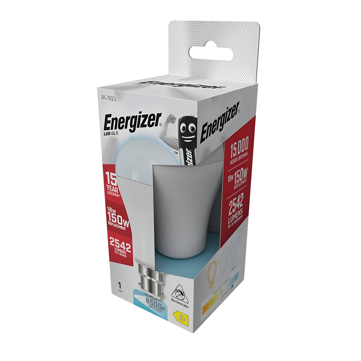 The packaging of the Energizer 18W Non-Dimmable LED GLS Bulb, featuring a playful black and white battery character, emphasizes the advantages of energy-efficient lighting. This two-pack provides brightness equivalent to 150W with a warm white color temperature, has a lifespan of 15 years, and produces 2542 lumens at 6500K. The box is mainly white and red.