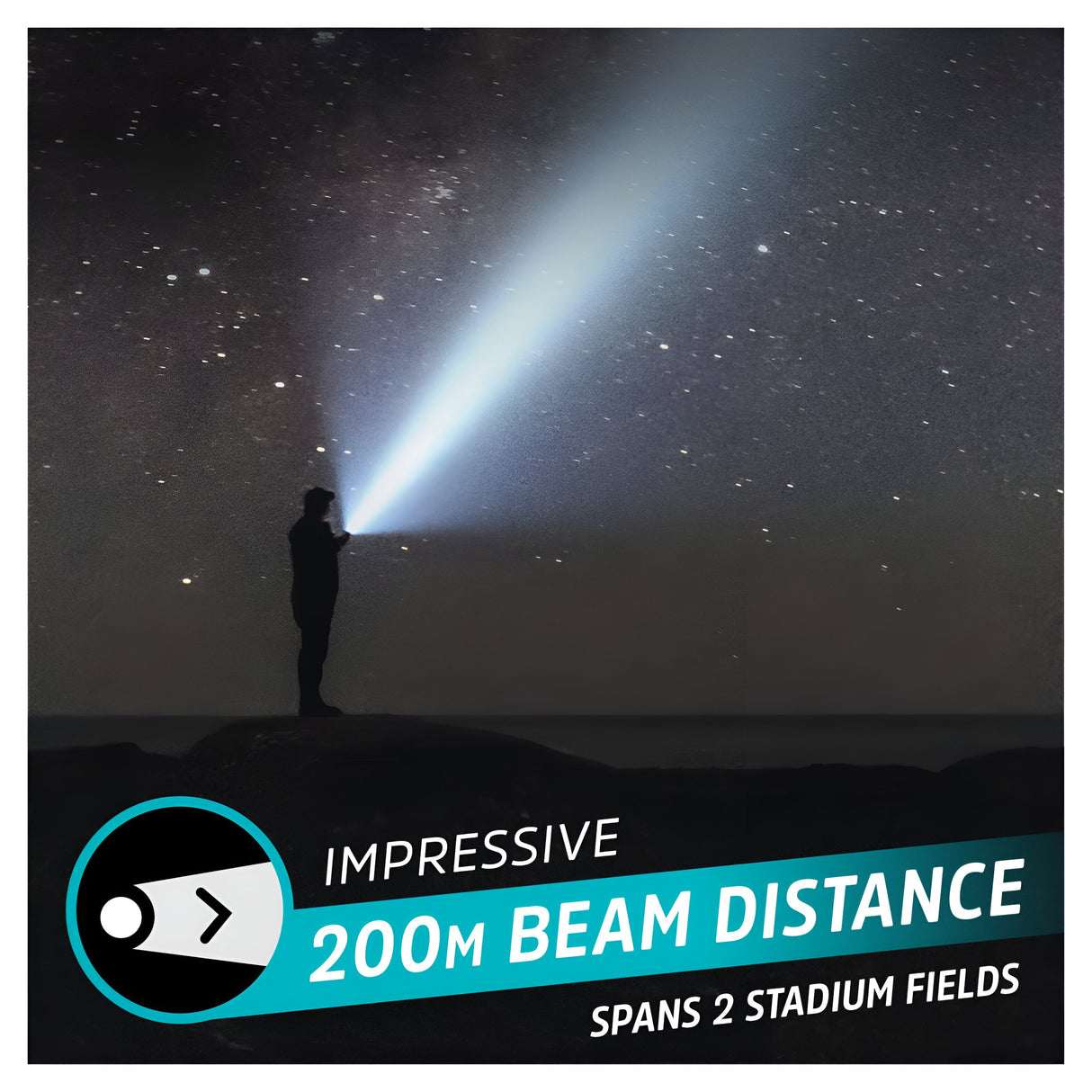 At night, a person stands on a rock, pointing an Energizer Rechargeable LED Torch 1200 Lumen - Batteries Included towards the sky. The stars create a stunning backdrop as the text highlights: Remarkable 200m beam distance covers 2 stadium fields.