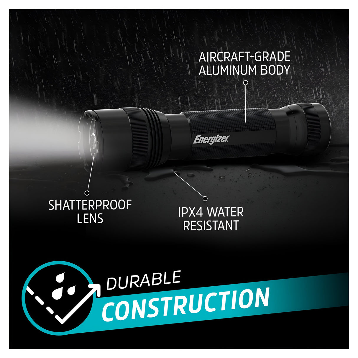 Energizer Rechargeable LED Torch 1200 Lumen - Batteries Included, features a beam that shines to the left. This tactical light is constructed with an aircraft-grade aluminum body and a shatterproof lens, offering IPX4 water resistance. The text highlights "Durable Construction," illustrated by a graphic of water droplets on fabric, underscoring its reliability.