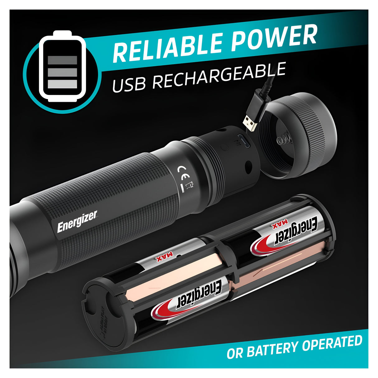 The image shows an Energizer Rechargeable LED Torch 1200 Lumen - Batteries Included, partially disassembled to expose two batteries. The top of the image features text emphasizing Reliable Power with a battery icon and USB Rechargeable, while the bottom text highlights or Battery Operated, offering up to 1200 Lumens for powerful illumination.