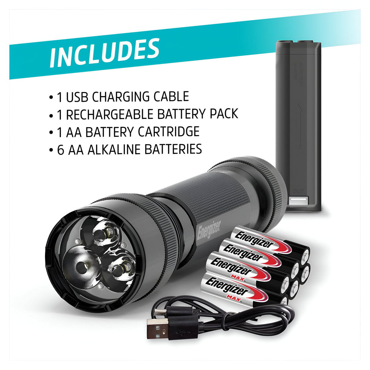 Image featuring the Energizer Rechargeable LED Torch 1200 Lumen - Batteries Included, a tactical light with its lens facing upward. Accompanied by a USB charging cable, a rechargeable battery pack, an AA battery cartridge, and six AA alkaline batteries. A teal banner lists the included items in bold white text.