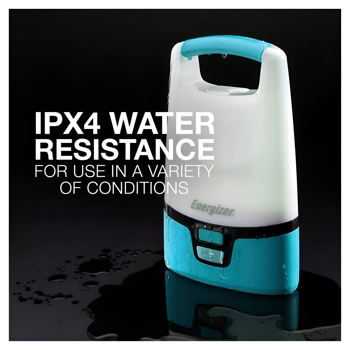 A teal and white portable Energizer Vision Rechargeable Lantern is set against a black backdrop, with water droplets shimmering on its surface. The text highlights its IPX4 Water Resistance, making it suitable for various conditions. With a 1250-lumen output, this lantern guarantees brightness wherever it's needed.